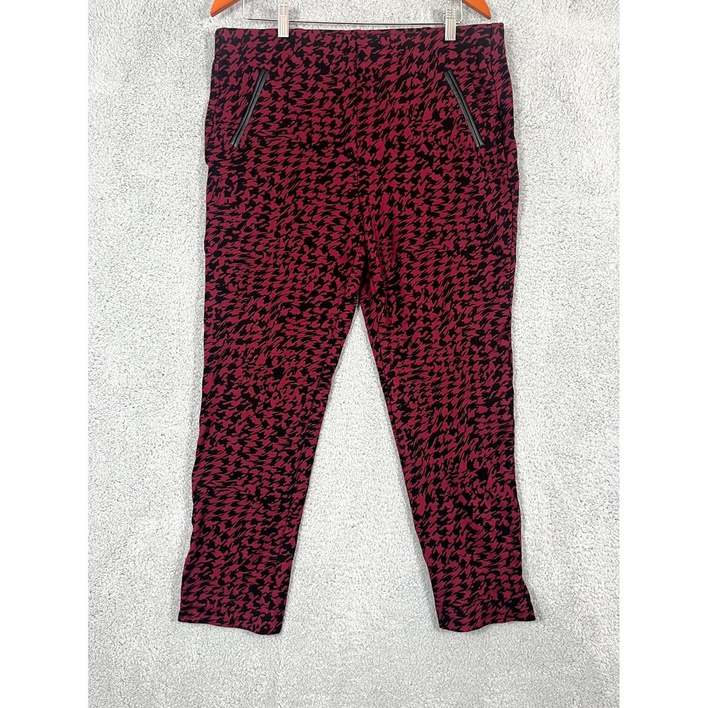 Chicos Cropped Pants Womens 2 Burgundy Black Houndstooth Stretch Workwear